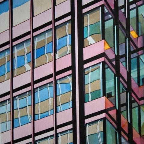 Crop of a painting of reflections in the windows of a Toronto tower at 11 King Street