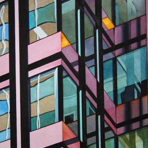 Detail of a painting of reflections in the windows of a Toronto tower